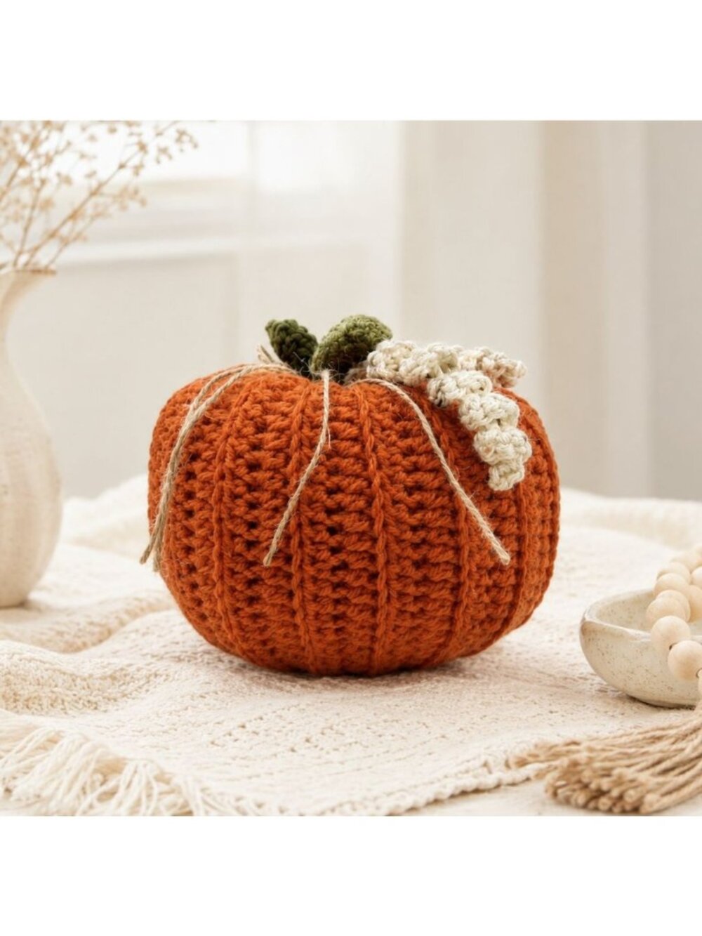 Handmade Crochet Pumpkin Decoration - Fall Harvest Table Accent - Orange With Gr